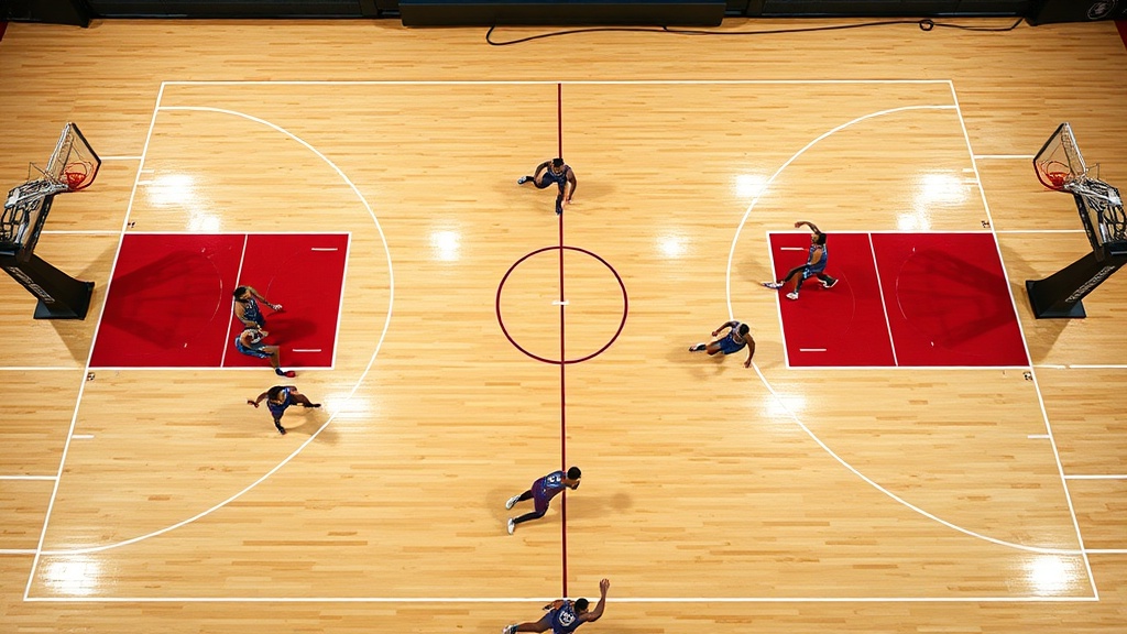농구 코트 위에 5명의 수비수가 2-3 대형으로 배치되어 페인트 존을 철저하게 보호하는 전술적 레이아웃