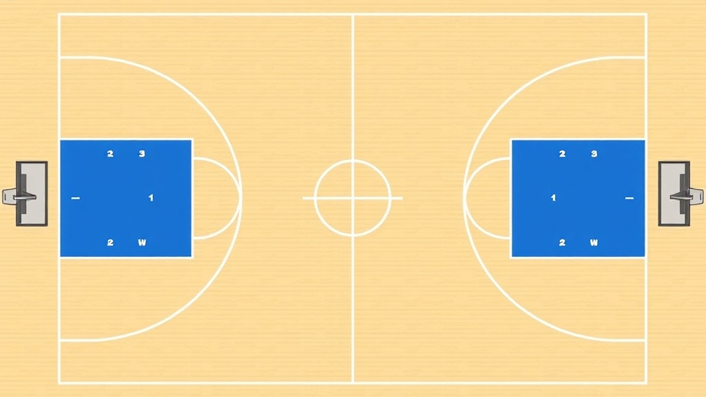 농구 골밑 페인트 존을 수비수들이 에워싸며 침투를 봉쇄하는 2-3 지역방어의 전술적 위치 선정과 공간 점유를 보여주는 레이아웃