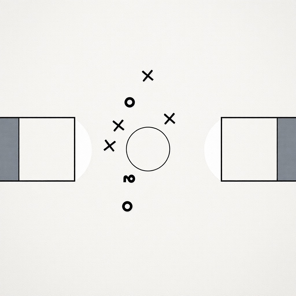 농구 작전판 위에 X와 O로 표시된 복잡한 수비 대형과 이동 경로를 추상적으로 시각화한 전술 다이어그램